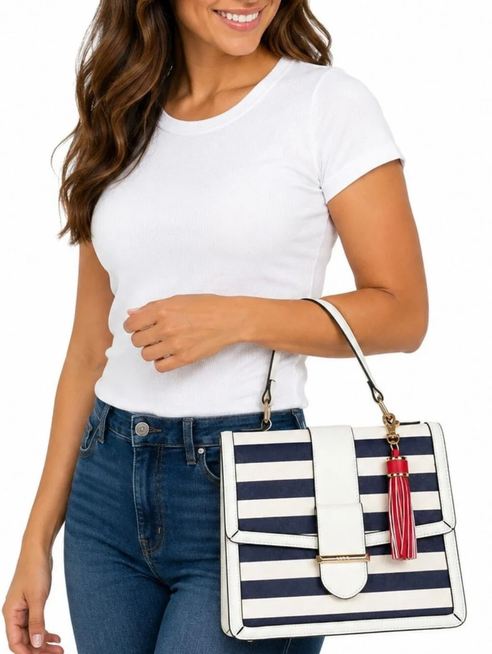 👜 ALDO Navy White Striped Satchel Top Handle Handbag Tassel NWOT Nautical